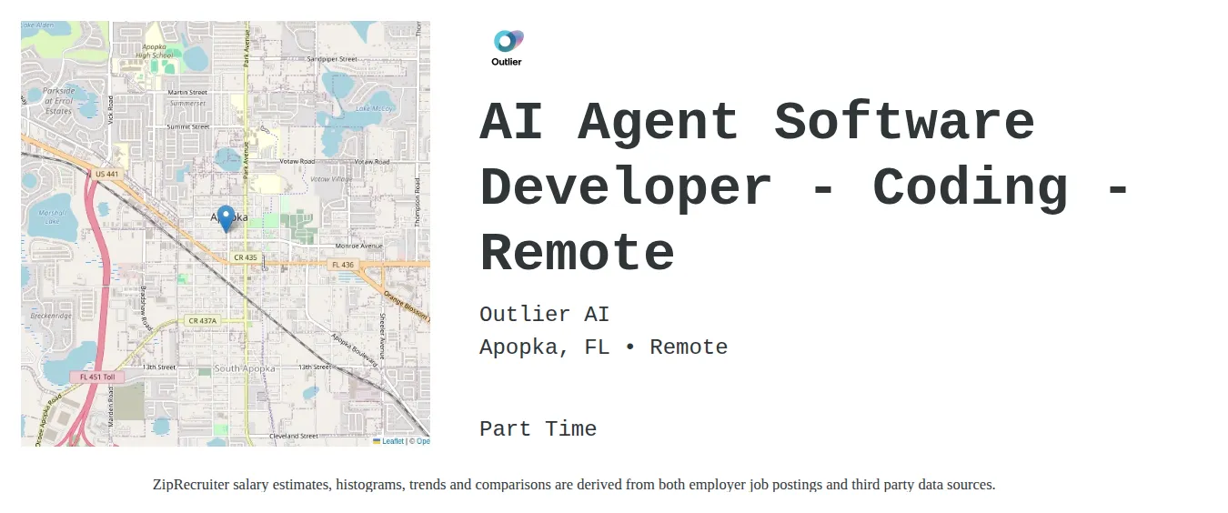 Outlier AI job posting for a AI Agent Software Developer - Coding - Remote in Corvallis, OR with a map of Corvallis location.