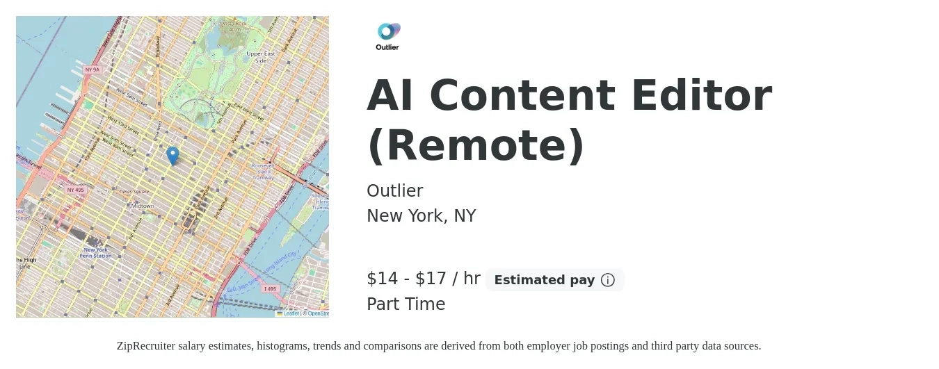 Outlier job posting for a AI Content Editor (Remote) in New York, NY with a salary of $15 to $18 Hourly with a map of New York location.