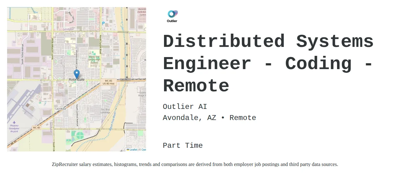 Outlier AI job posting for a Distributed Systems Engineer - Coding - Remote in Westminster, MD with a map of Westminster location.