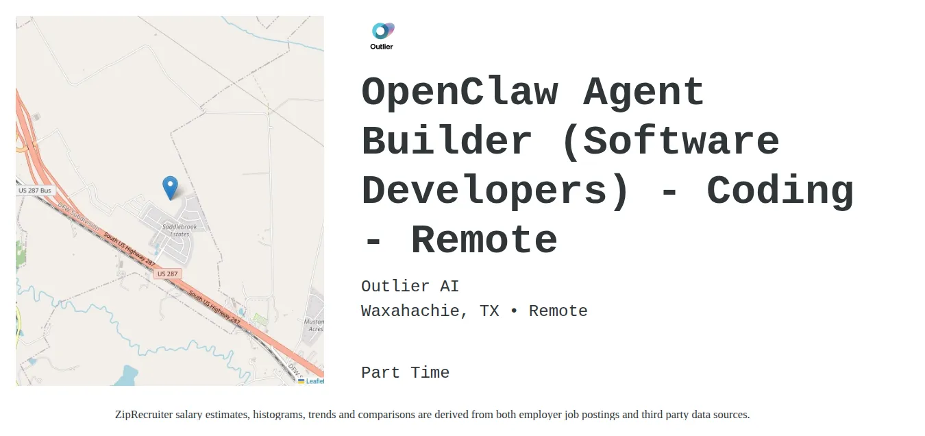 Outlier AI job posting for a OpenClaw Agent Builder (Software Developers) - Coding - Remote in Mcminnville, OR with a map of Mcminnville location.
