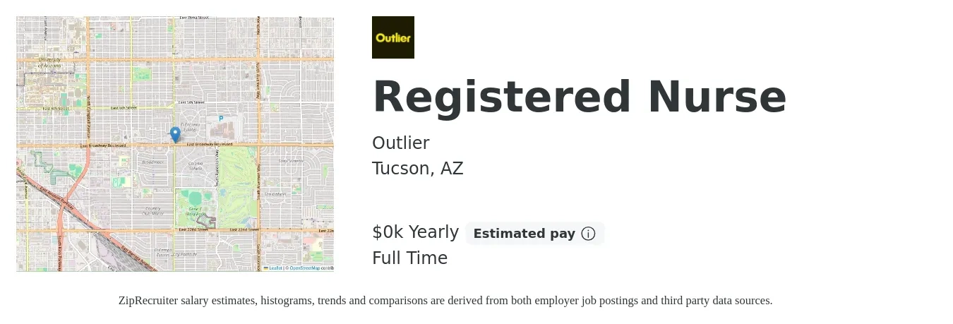 Outlier job posting for a Registered Nurse in Tucson, AZ with a salary of $36 to $38 Yearly with a map of Tucson location.