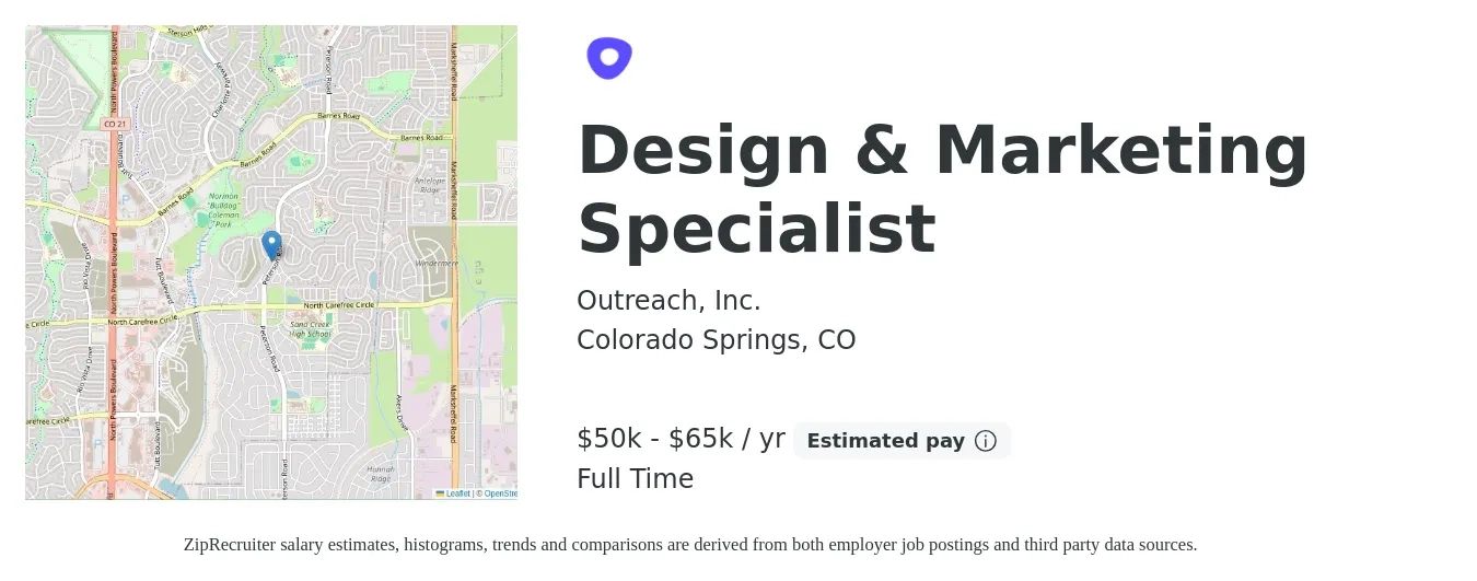 Outreach, Inc. job posting for a Design & Marketing Specialist in Colorado Springs, CO with a salary of $50,000 to $65,000 Yearly with a map of Colorado Springs location.