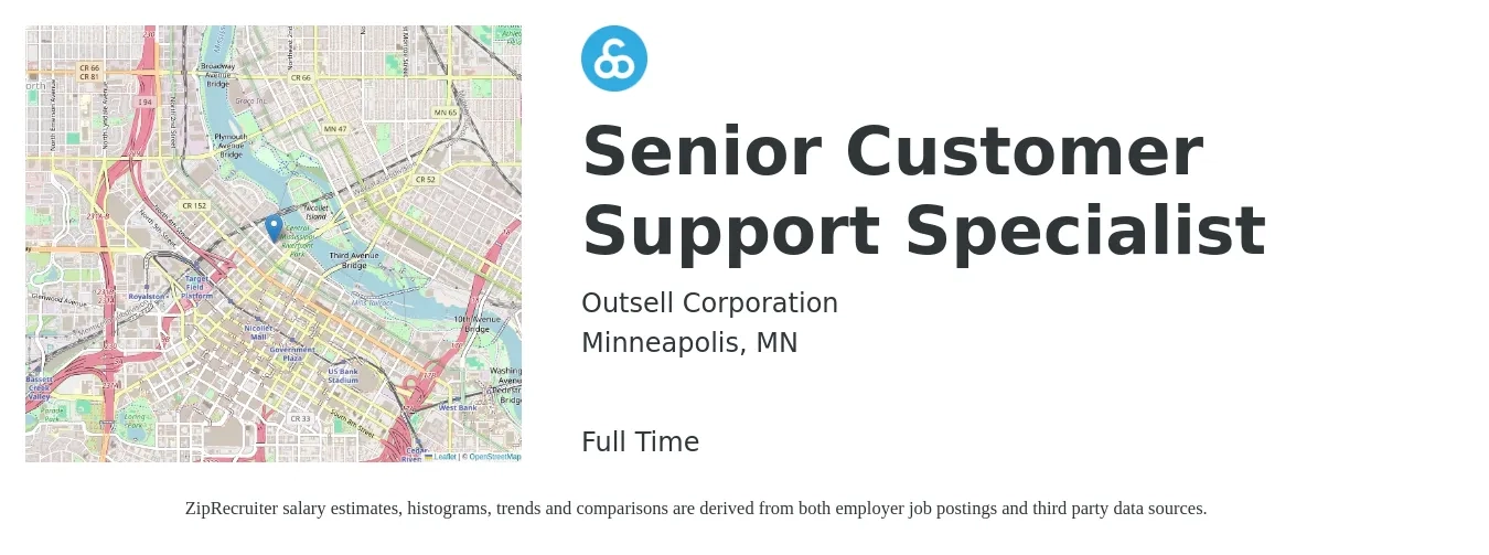 Outsell Corporation job posting for a Senior Customer Support Specialist in Minneapolis, MN with a salary of $19 to $25 Hourly with a map of Minneapolis location.
