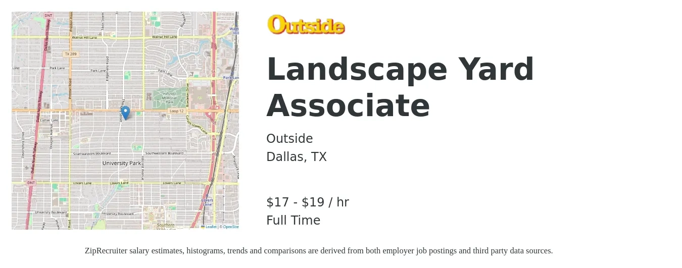 Outside job posting for a Landscape Yard Associate in Dallas, TX with a salary of $18 to $20 Hourly with a map of Dallas location.