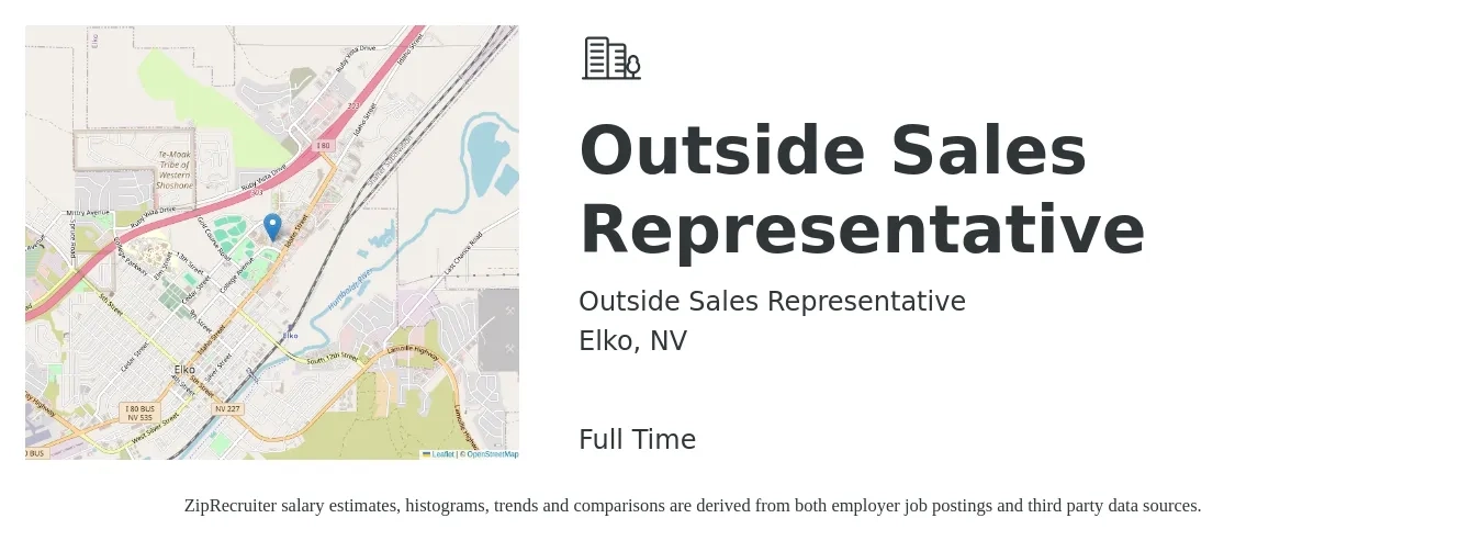 Outside Sales Representative job posting for a Outside Sales Representative in Elko, NV with a salary of $50,700 to $86,800 Yearly with a map of Elko location.