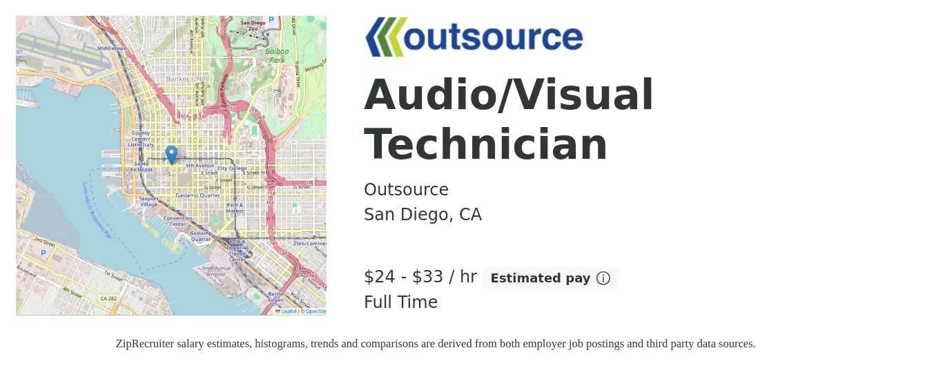 Outsource job posting for a Audio/Visual Technician in San Diego, CA with a salary of $25 to $35 Hourly and benefits including retirement with a map of San Diego location.