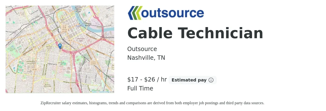 Outsource job posting for a Cable Technician in Nashville, TN with a salary of $18 to $28 Hourly with a map of Nashville location.