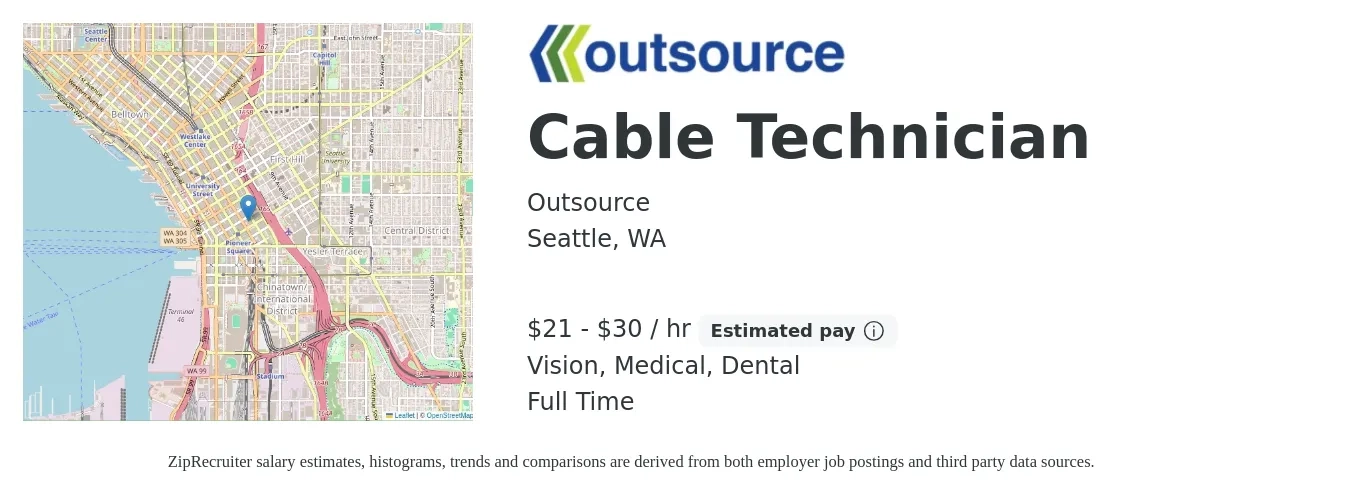 Outsource job posting for a Cable Technician in Seattle, WA with a salary of $18 to $30 Hourly and benefits including dental, medical, retirement, and vision with a map of Seattle location.