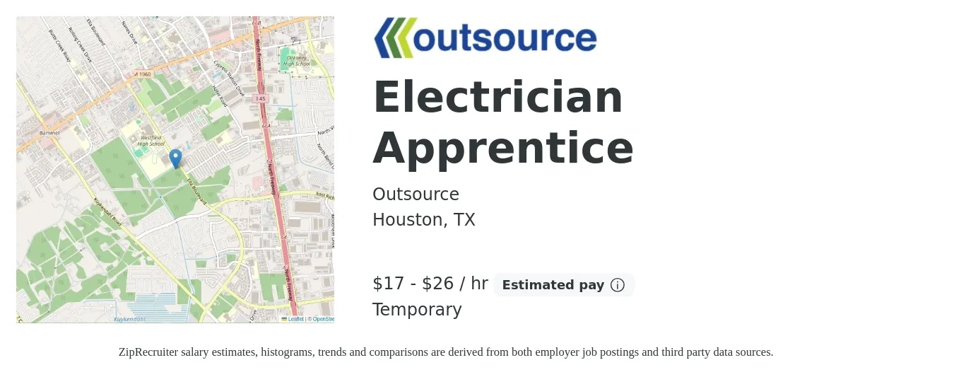 Outsource job posting for a Electrician Apprentice in Houston, TX with a salary of $18 to $25 Hourly with a map of Houston location.