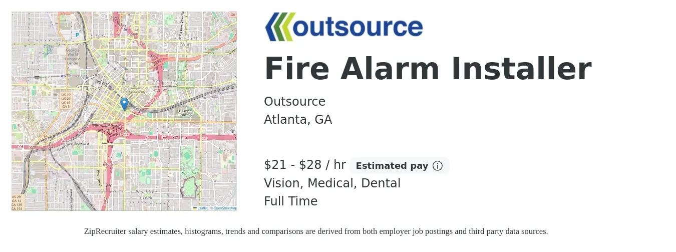 Outsource job posting for a Fire Alarm Installer in Atlanta, GA with a salary of $22 to $30 Hourly and benefits including vision, dental, life_insurance, and medical with a map of Atlanta location.