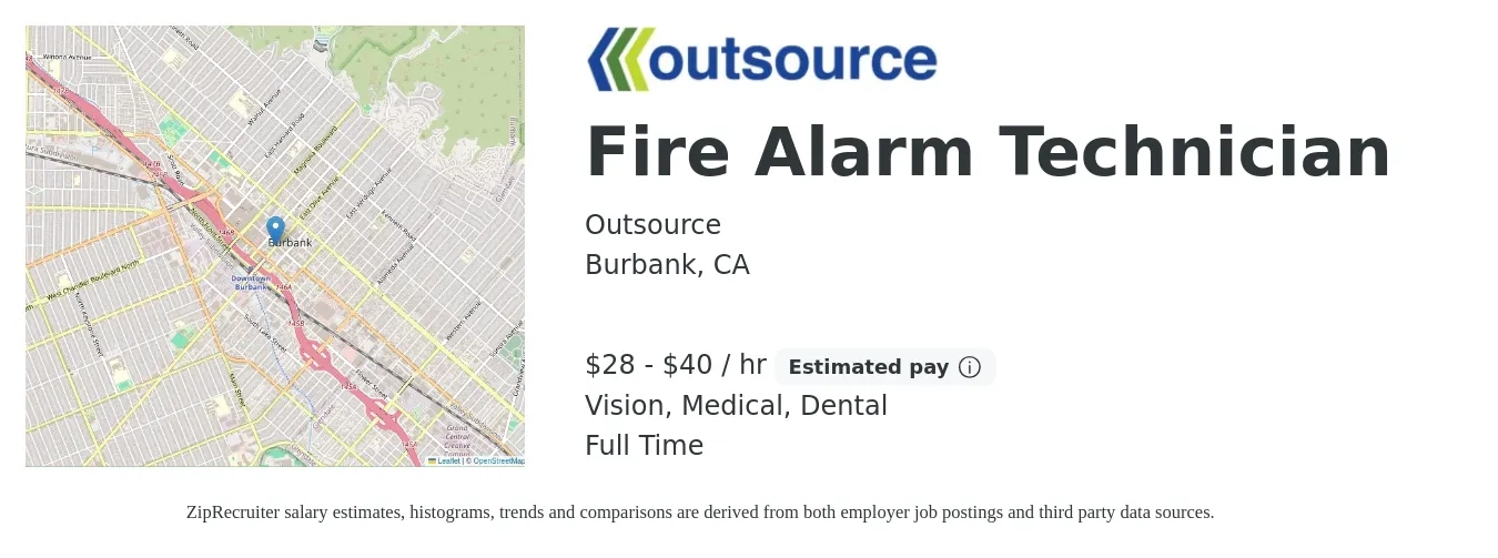 Outsource job posting for a Fire Alarm Technician in Burbank, CA with a salary of $30 to $42 Hourly and benefits including vision, dental, life_insurance, and medical with a map of Burbank location.