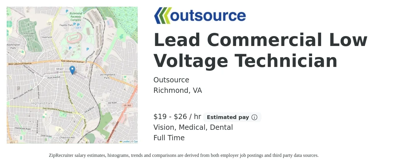 Outsource job posting for a Lead Commercial Low Voltage Technician in Richmond, VA with a salary of $20 to $28 Hourly and benefits including dental, life_insurance, medical, pto, retirement, and vision with a map of Richmond location.