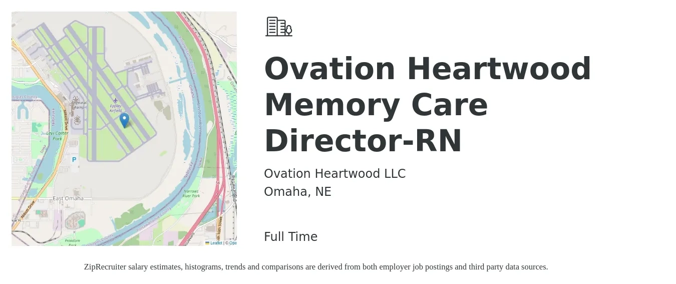 Ovation Heartwood LLC job posting for a Ovation Heartwood Memory Care Director-RN in Omaha, NE with a salary of $47,200 to $72,600 Yearly with a map of Omaha location.