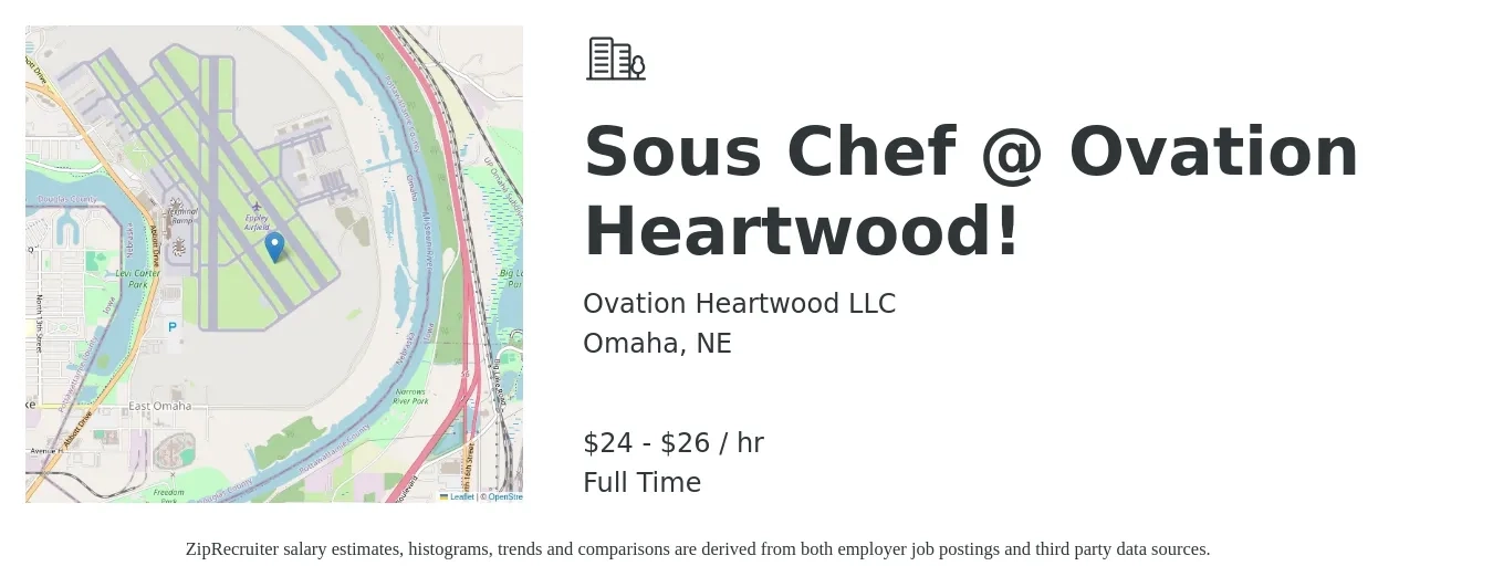 Ovation Heartwood LLC job posting for a Sous Chef @ Ovation Heartwood! in Omaha, NE with a salary of $25 to $28 Hourly with a map of Omaha location.