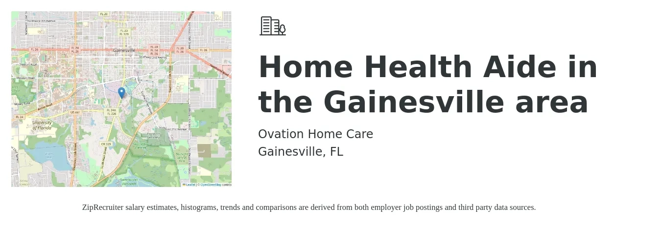 Ovation Home Care job posting for a Home Health Aide in the Gainesville area in Gainesville, FL with a salary of $15 to $17 Hourly with a map of Gainesville location.