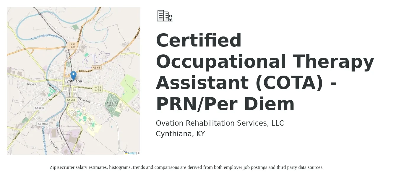 Ovation Rehabilitation Services, LLC job posting for a Certified Occupational Therapy Assistant (COTA) - PRN/Per Diem in Cynthiana, KY with a salary of $26 to $36 Hourly with a map of Cynthiana location.