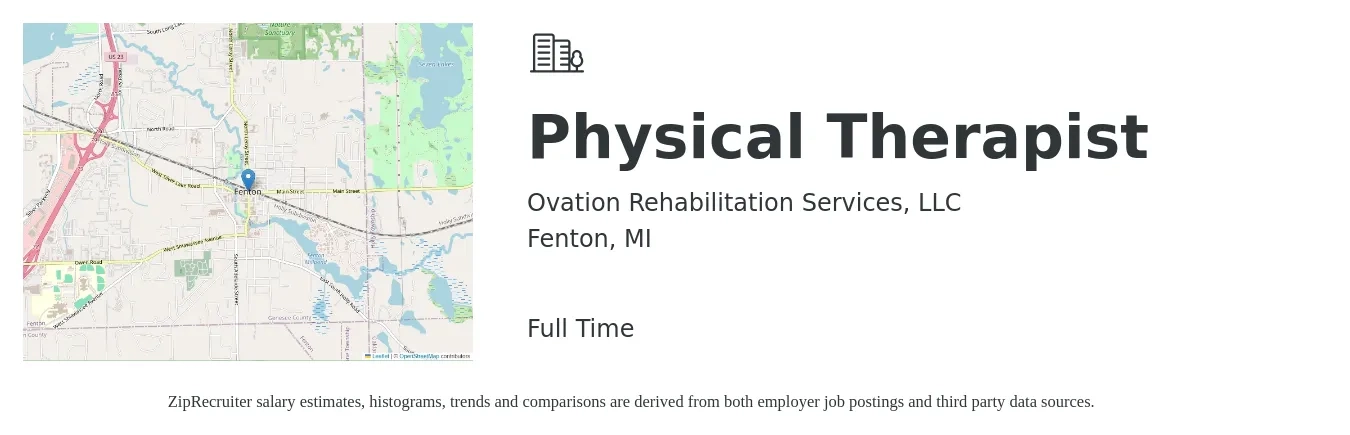 Ovation Rehabilitation Services, LLC job posting for a Physical Therapist in Fenton, MI with a salary of $1,500 to $1,940 Weekly with a map of Fenton location.