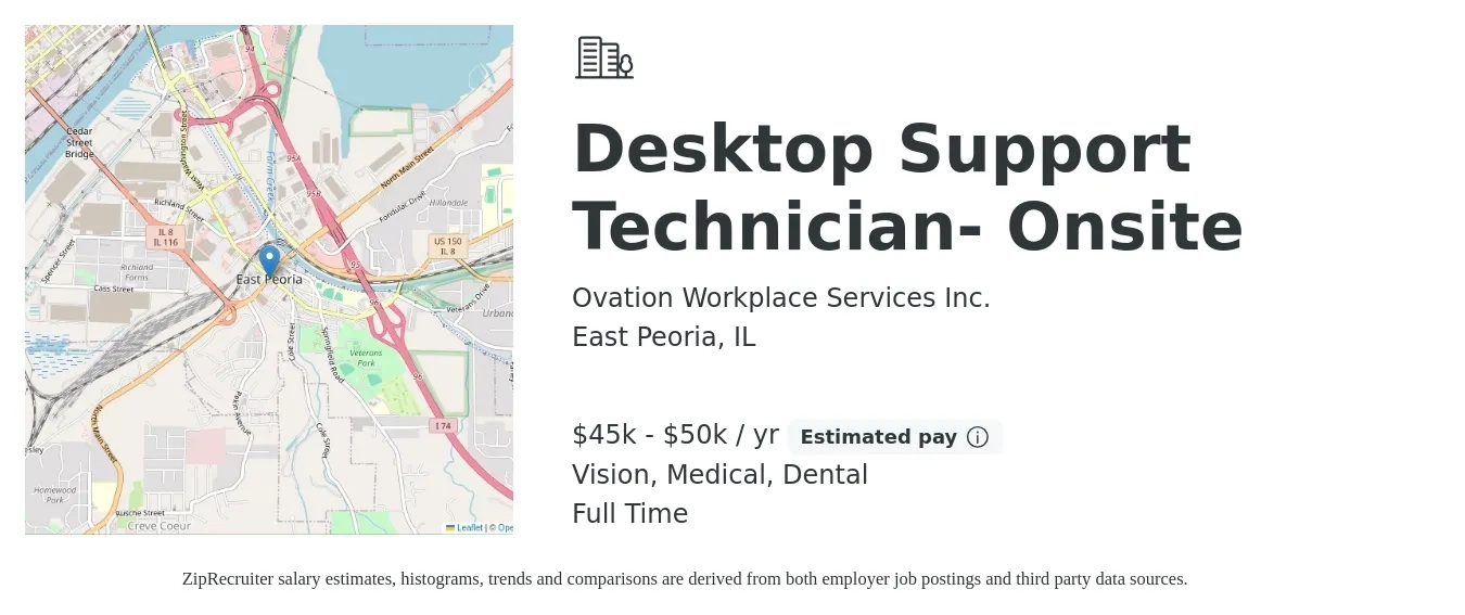 Ovation Workplace Services Inc. job posting for a Desktop Support Technician-Onsite in East Peoria, IL with a salary of $49,900 to $52,000 Yearly and benefits including vision, dental, life_insurance, medical, and pto with a map of East Peoria location.