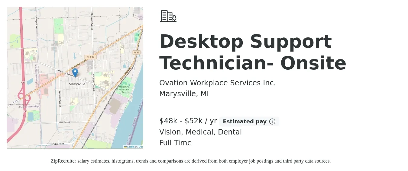 Ovation Workplace Services Inc. job posting for a Desktop Support Technician- Onsite in Marysville, MI with a salary of $48,000 to $52,000 Yearly and benefits including dental, life_insurance, medical, pto, and vision with a map of Marysville location.