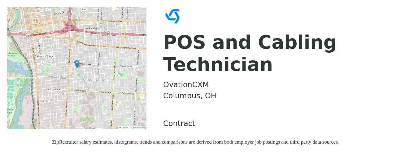 OvationCXM job posting for a POS and Cabling Technician in Columbus, OH with a salary of $20 to $28 Hourly with a map of Columbus location.