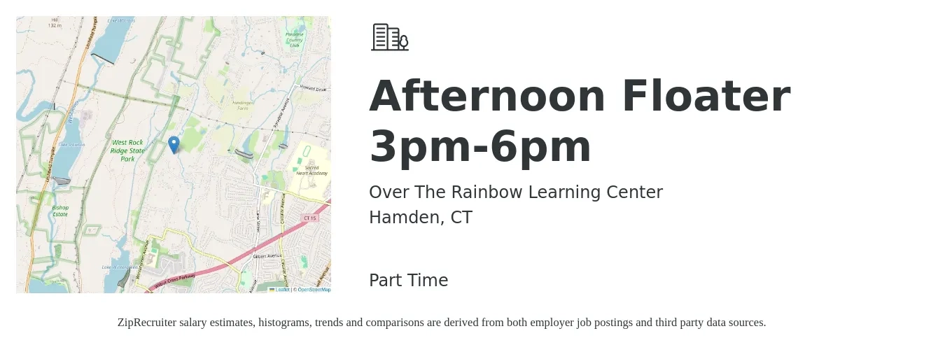 Over The Rainbow Learning Center job posting for a Afternoon Floater 3pm-6pm in Hamden, CT with a salary of $16 Hourly with a map of Hamden location.