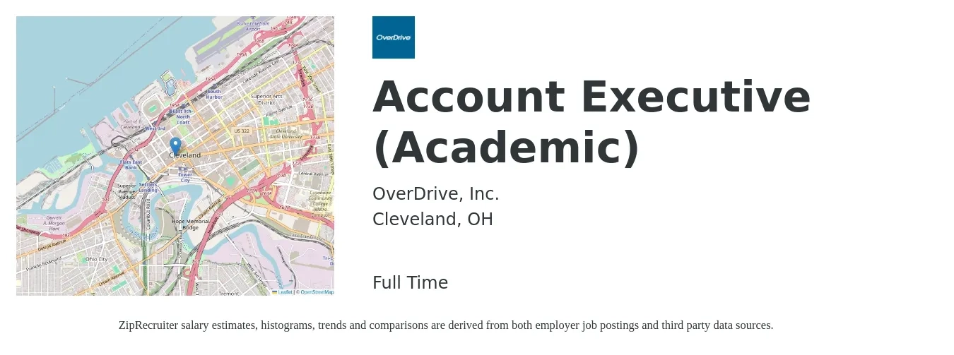 OverDrive, Inc. job posting for a Account Executive (Academic) in Cleveland, OH with a salary of $52,400 to $92,200 Yearly with a map of Cleveland location.