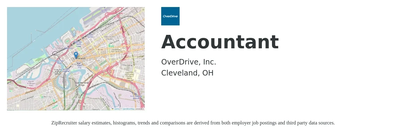 OverDrive job posting for a Accountant in Cleveland, OH with a salary of $51,800 to $76,000 Yearly with a map of Cleveland location.