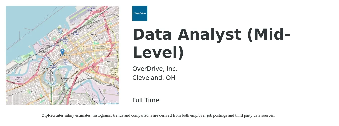 OverDrive, Inc. job posting for a Data Analyst (Mid-Level) in Cleveland, OH with a salary of $60,600 to $94,100 Yearly with a map of Cleveland location.
