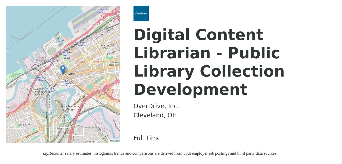 OverDrive, Inc. job posting for a Digital Content Librarian - Public Library Collection Development in Cleveland, OH with a salary of $49,500 to $82,900 Yearly with a map of Cleveland location.