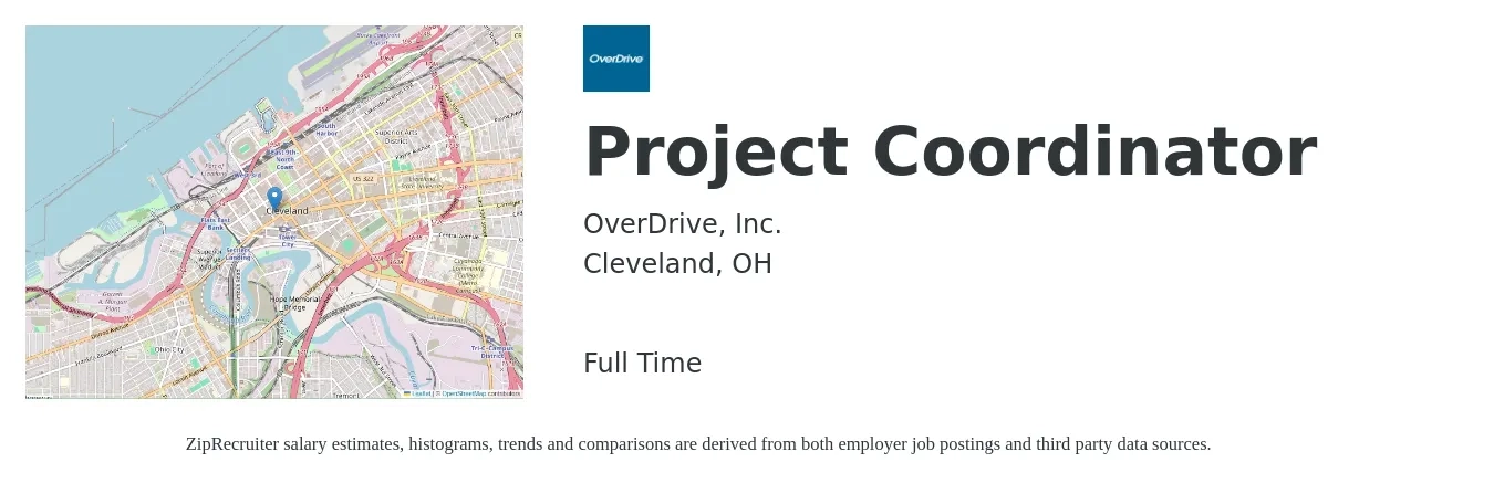 OverDrive, Inc. job posting for a Project Coordinator in Cleveland, OH with a salary of $22 to $34 Hourly with a map of Cleveland location.