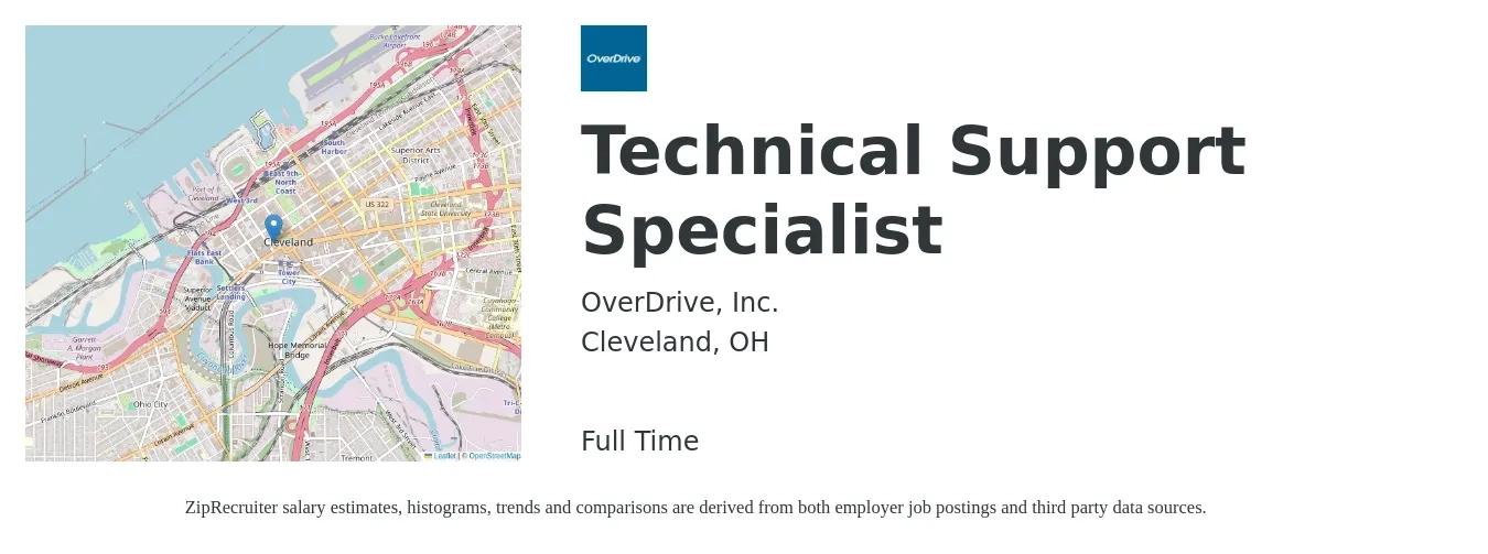 OverDrive, Inc. job posting for a Technical Support Specialist in Cleveland, OH with a salary of $20 to $31 Hourly with a map of Cleveland location.