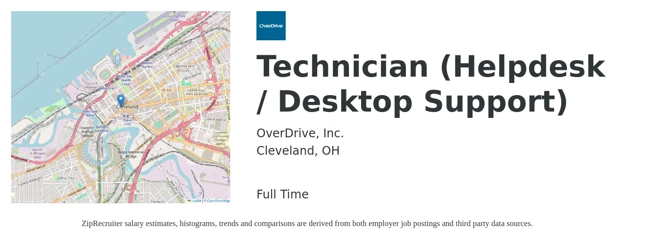 OverDrive, Inc. job posting for a Technician (Helpdesk / Desktop Support) in Cleveland, OH with a salary of $20 to $25 Hourly with a map of Cleveland location.
