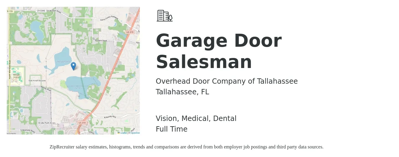 Overhead Door Company of Tallahassee job posting for a Garage Door Salesman in Tallahassee, FL with a salary of $31,800 to $57,000 Yearly and benefits including dental, life_insurance, medical, pto, retirement, and vision with a map of Tallahassee location.