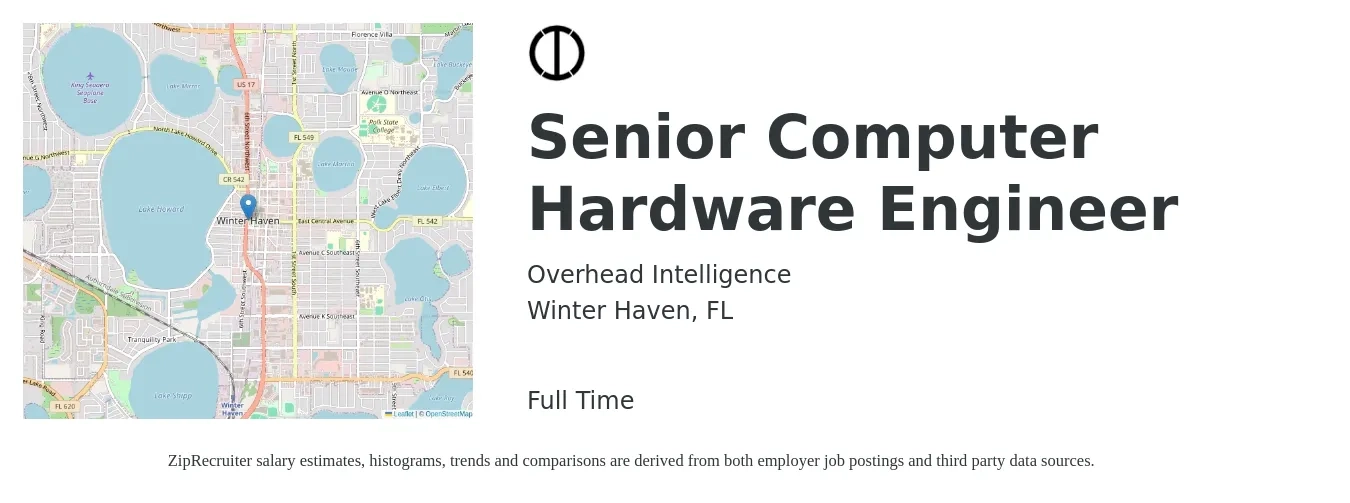 Overhead Intelligence job posting for a Senior Computer Hardware Engineer in Winter Haven, FL with a salary of $96,600 to $129,000 Yearly with a map of Winter Haven location.