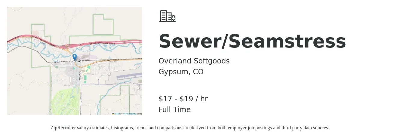 Overland Softgoods job posting for a Sewer/Seamstress in Gypsum, CO with a salary of $18 to $20 Hourly with a map of Gypsum location.