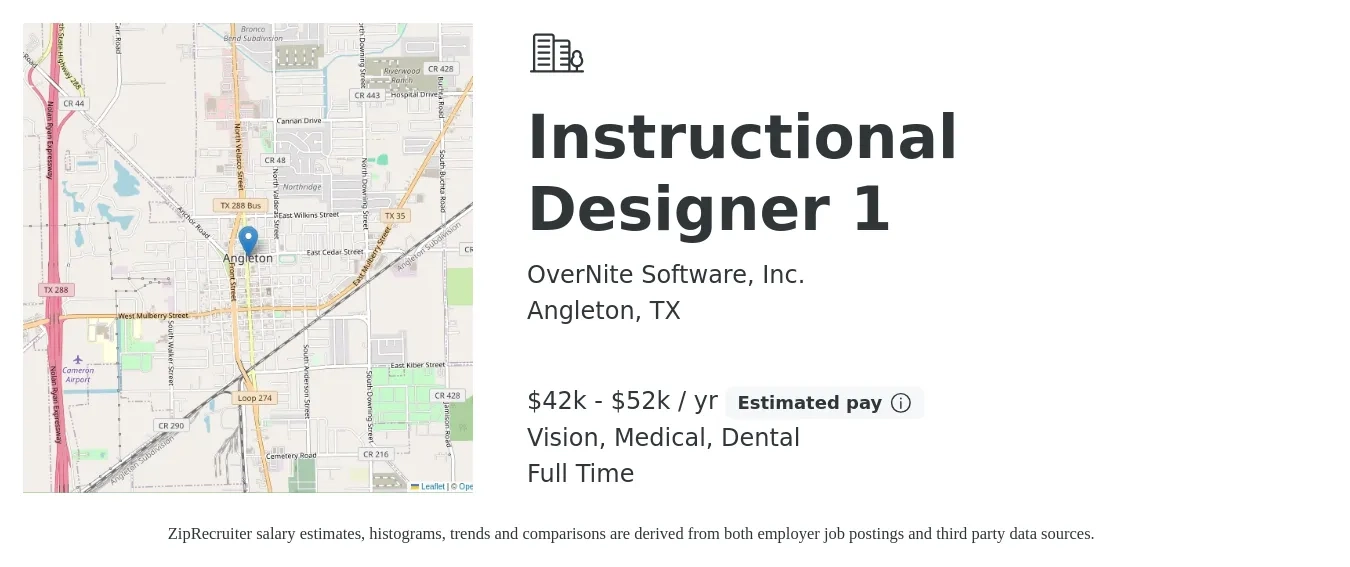 OverNite Software, Inc. job posting for a Instructional Designer 1 in Angleton, TX with a salary of $42,000 to $52,000 Yearly and benefits including medical, pto, retirement, vision, dental, and life_insurance with a map of Angleton location.