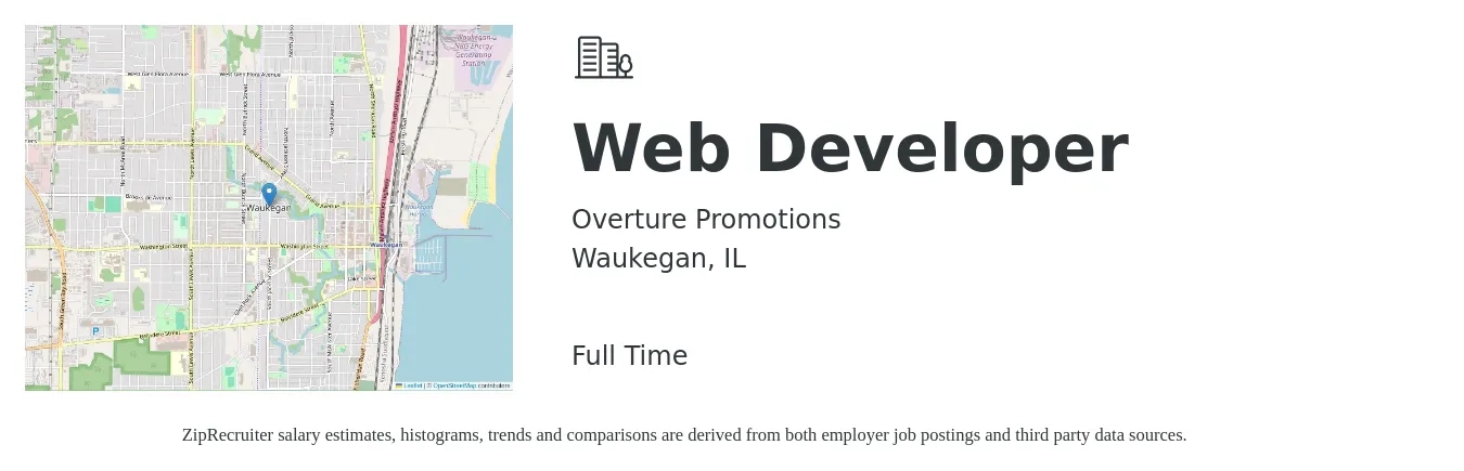 Overture Promotions job posting for a Web Developer in Waukegan, IL with a salary of $34 to $54 Hourly with a map of Waukegan location.
