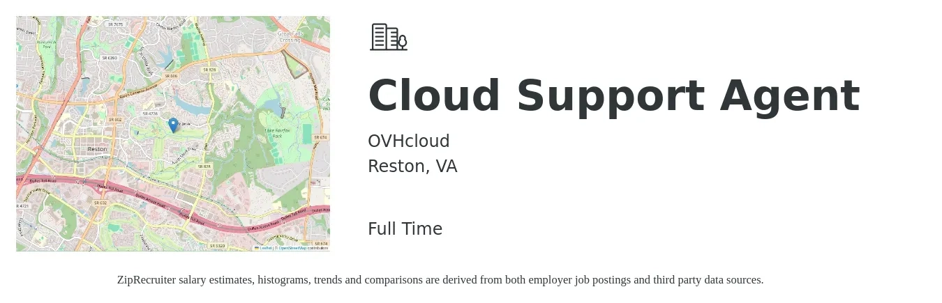 OVHcloud job posting for a Cloud Support Agent in Reston, VA with a salary of $17 to $24 Hourly with a map of Reston location.