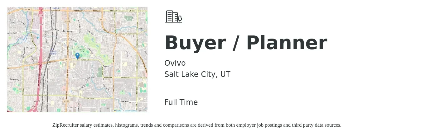Ovivo job posting for a Buyer / Planner in Salt Lake City, UT with a salary of $55,100 to $75,800 Yearly with a map of Salt Lake City location.