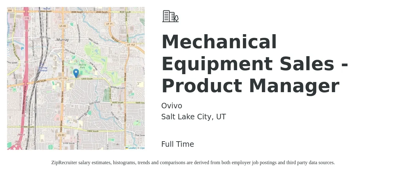 Ovivo job posting for a Mechanical Equipment Sales - Product Manager in Salt Lake City, UT with a salary of $45,900 to $96,600 Yearly with a map of Salt Lake City location.