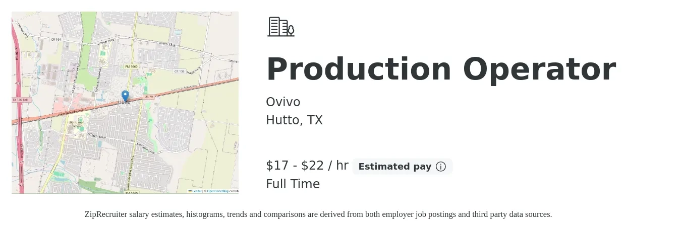 Ovivo job posting for a Production Operator in Hutto, TX with a salary of $18 to $23 Hourly with a map of Hutto location.
