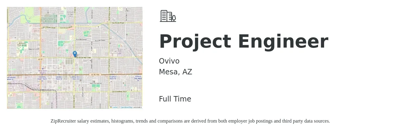 Ovivo job posting for a Project Engineer in Mesa, AZ with a salary of $71,000 to $99,300 Yearly with a map of Mesa location.