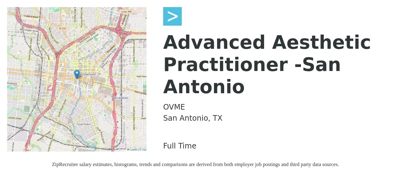 OVME job posting for a Advanced Aesthetic Practitioner -San Antonio in San Antonio, TX with a salary of $98,300 to $127,200 Yearly with a map of San Antonio location.