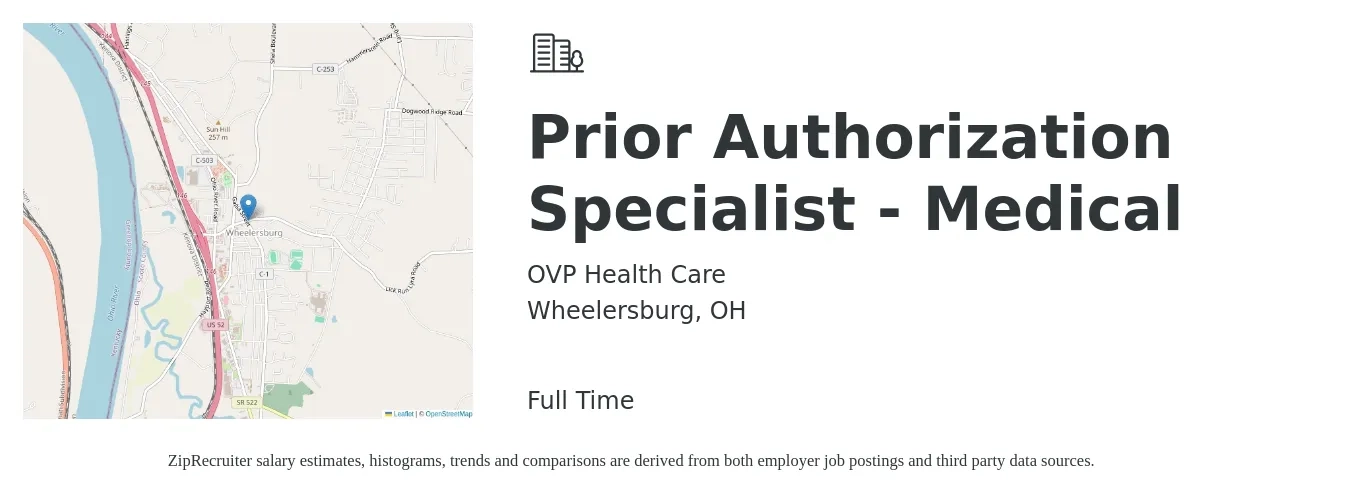 OVP Health Care job posting for a Prior Authorization Specialist - Medical in Wheelersburg, OH with a salary of $15 to $20 Hourly with a map of Wheelersburg location.