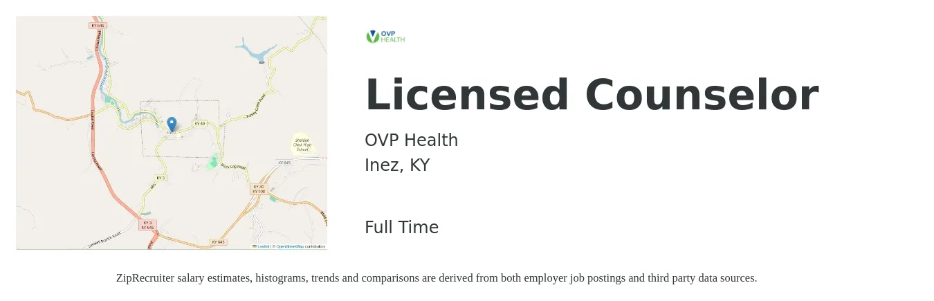 OVP Health job posting for a Licensed Counselor in Inez, KY with a map of Inez location.