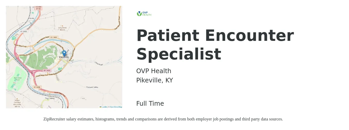 OVP Health job posting for a Patient Encounter Specialist in Pikeville, KY with a salary of $17 to $22 Hourly with a map of Pikeville location.