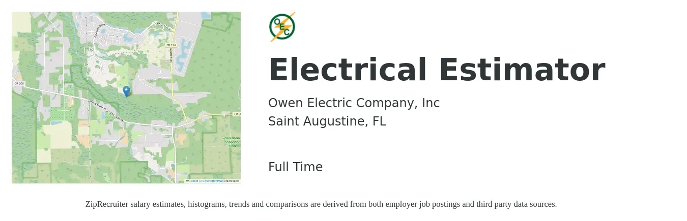 Owen Electric Company, Inc job posting for a Electrical Estimator in Saint Augustine, FL with a salary of $65,400 to $98,600 Yearly with a map of Saint Augustine location.