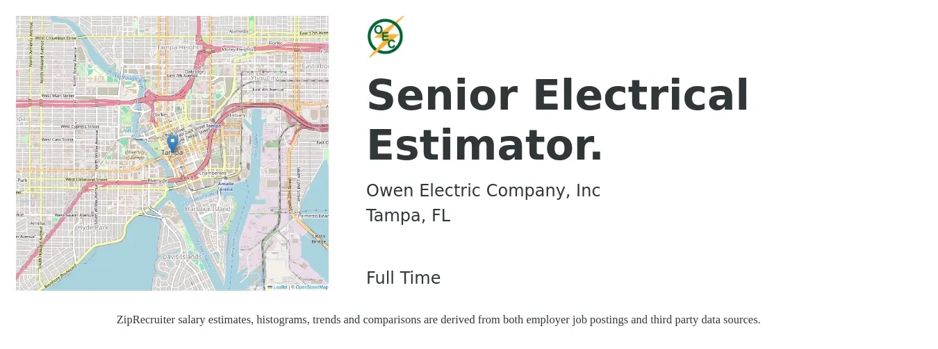 Owen Electric Company, Inc job posting for a Senior Electrical Estimator. in Tampa, FL with a salary of $97,300 to $128,000 Yearly with a map of Tampa location.