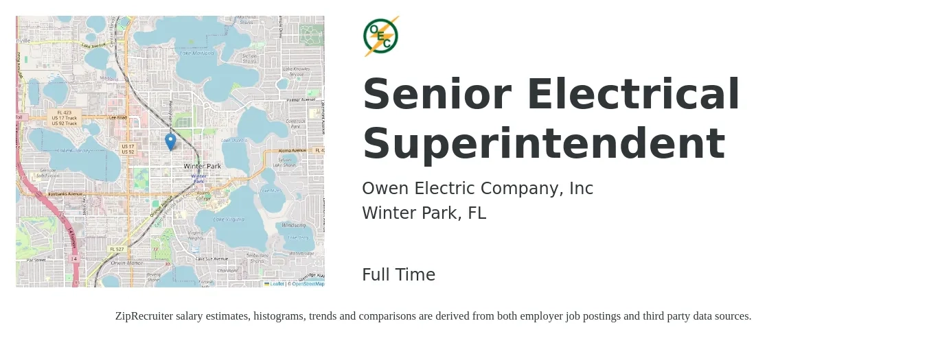 Owen Electric Company, Inc job posting for a Senior Electrical Superintendent in Winter Park, FL with a salary of $3,000 Weekly with a map of Winter Park location.