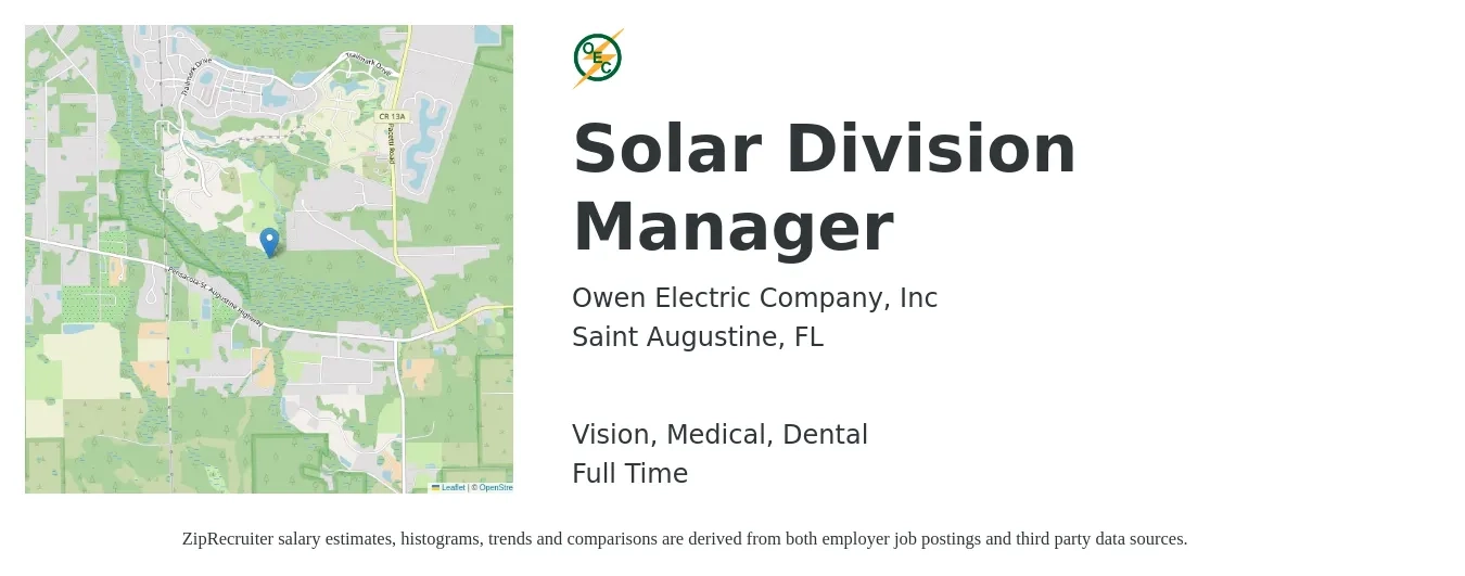 Owen Electric Company, Inc job posting for a Solar Division Manager in Saint Augustine, FL with a salary of $57,100 to $101,200 Yearly and benefits including dental, life_insurance, medical, pto, retirement, and vision with a map of Saint Augustine location.
